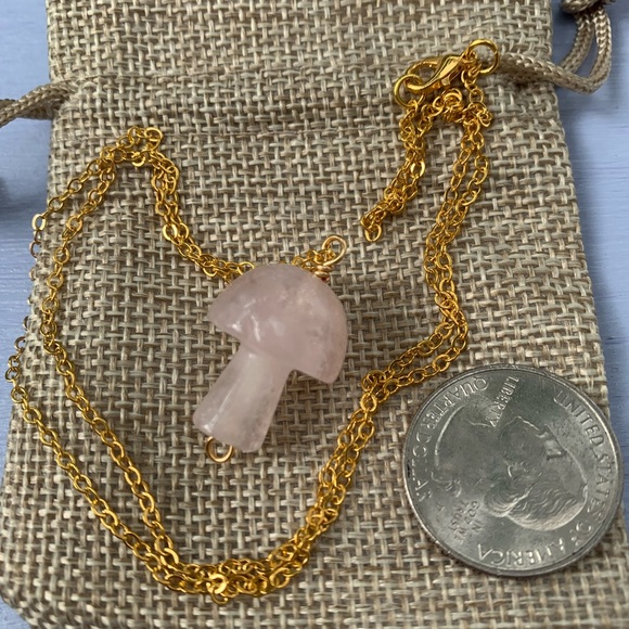 Crystal Mushroom Necklace | Mushroom Pendant | Gold Rose Quartz Necklace - Picture 2 of 2